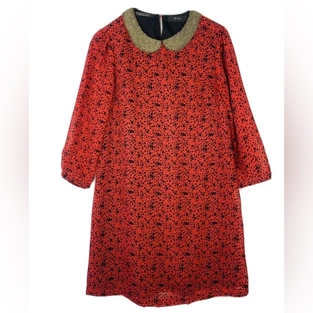 Maison Scotch Womens Sz S Red Spotted Dress Gold Metal Beaded Bib Collar Retro